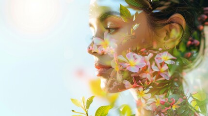 A double exposure portrait of a young woman with flowers superimposed over her face.