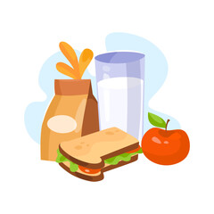 School lunch box with red apple, milk and sandwich. Cartoon lunch bag isolated on white background. Kids school or kindergarten lunchbox icon concept. Flat vector illustration