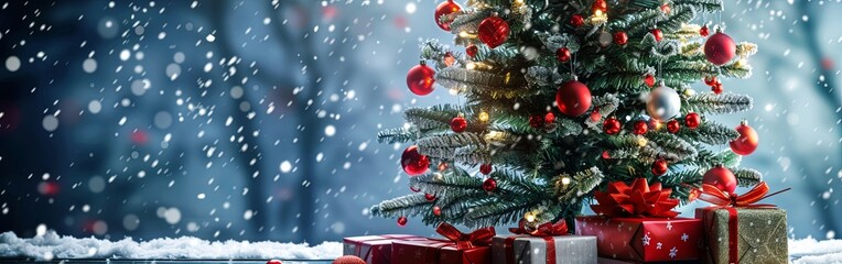 Elegant Christmas Tree with Red and Silver Gifts