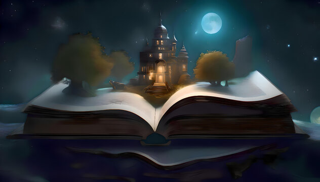 Miniature fairy world coming out of the open book, stars, full moon with galaxy background