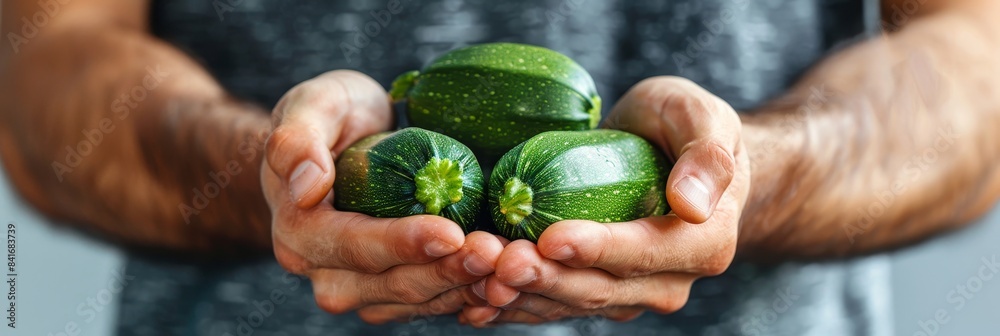 Sticker Fresh zucchini held in hands, appealing to food enthusiasts and health conscious individuals