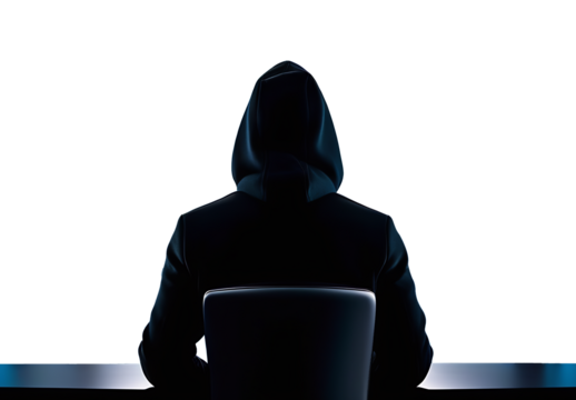 The hacker is sitting with his back