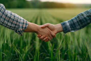 two farmers shaking hands in front of a green field