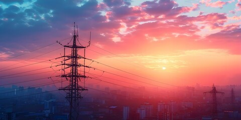 Electricity poles in urban areas connected to smart grid for highvoltage supply. Concept Smart Grid Technology, Urban Infrastructure, High Voltage Supply, Electricity Poles, Urban Connectivity
