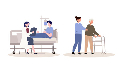 Scenes with doctors and patients illustration. Medical diagnostics, consultations, treatment