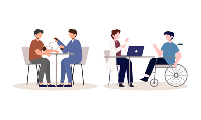 Scenes with doctors and patients illustration. Medical diagnostics, consultations, treatment