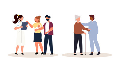 Fototapeta premium Scenes with doctors and patients illustration. Medical diagnostics, consultations, treatment