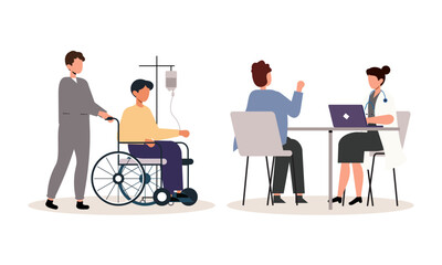 Scenes with doctors and patients illustration. Medical diagnostics, consultations, treatment