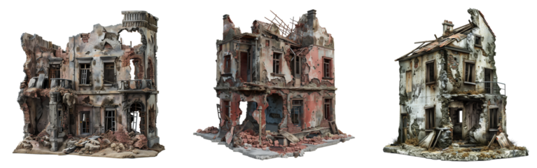 Ruined houses. post-apocalyptic buildings isolated on transparent background