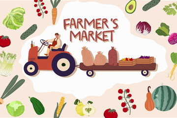 Obraz premium Horizontal poster with tractor and trailer, harvesting, fruits and vegetables, crates, sacks, with Farmers Market caption.