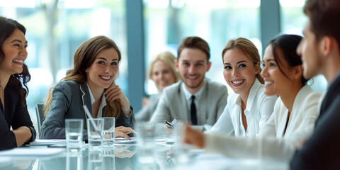 Happy business team engaged in a meeting, showing positive interaction and teamwork in a modern office setting. Ideal for illustrating collaboration, corporate culture, and productive work environment