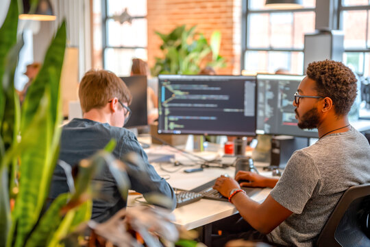 Young software developers discussing code while working in coworking office