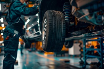 Fototapeta premium Mechanic Inspecting Car Suspension System in Auto Repair Shop for Maintenance and Safety