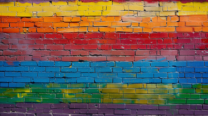 Fototapeta premium Vibrant Rainbow-Colored Brick Wall with Weathered Texture