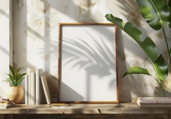 Modern interior design, mockup poster frame on the table with tropical leaves, wooden elements and books, sunlight effect, natural light, shadows