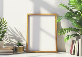 Modern interior design, mockup poster frame on the table with tropical leaves, wooden elements and books, sunlight effect, natural light, shadows