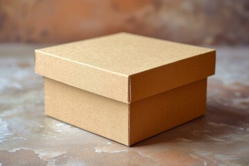 Simple brown cardboard box on a textured table, ideal for packaging concepts