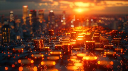 Fototapeta premium The concept of finance and banking is demonstrated by a double exposure of the city and rows of coins