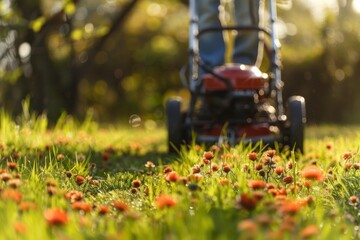 In the tranquility of the backyard, the close-up reveals the rhythmic motion of the man mowing, each pass of the mower contributing to the beauty of the lawn