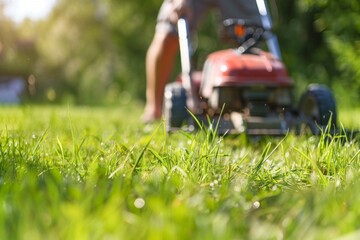 In the tranquility of the backyard, the man's mowing efforts are showcased in close-up detail, each blade of grass neatly trimmed to perfection