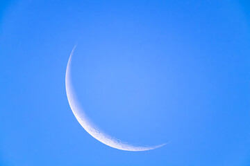 朝の青空に浮かぶ下弦の細い弓なり月20240604