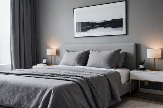 A minimalist bedroom with a simple clean grey color tone and abstract art on the wall.