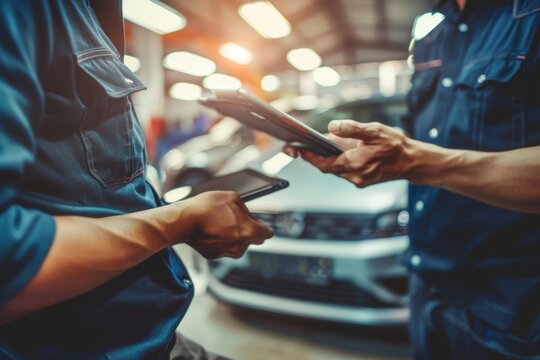 Mechanic Discussing Repair Costs with Customer Using Tablet in Professional Auto Service Center - Powered by Adobe