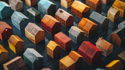 Colorful miniature wooden houses arranged in rows, creating a vibrant and cozy neighborhood scene. Artistic perspective and design.