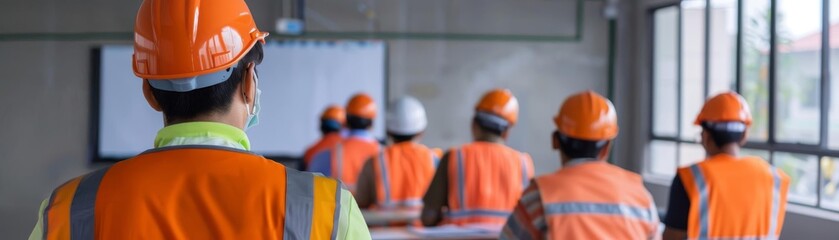 Construction workers in safety gear attending a training session in a classroom setting, focusing on safety protocols and job skills.