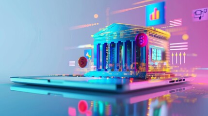 Fototapeta premium Digital financial concept with a futuristic bank on a tablet symbolizing online banking, fintech, and modern finance technologies.