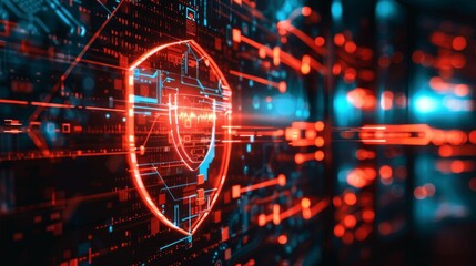 Digital shield icon on a futuristic background representing cybersecurity and protection in a digital environment.