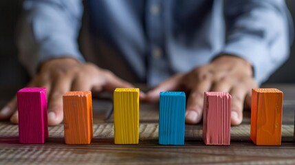 Hands of a person arranging colorful wooden blocks in a row, symbolizing teamwork, organization, and planning in a business context.