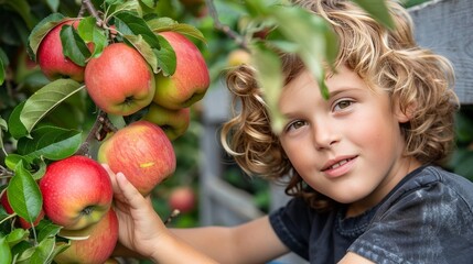 Young boy gathering juicy, ripe apples in a vibrant and flourishing garden setting