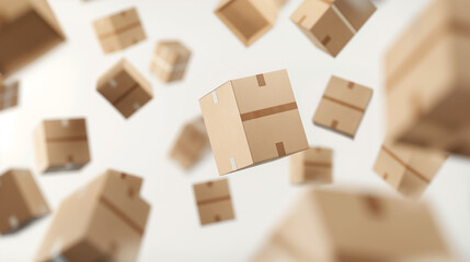Set of flying or falling cardboard boxes on a white background. Moving package, transportation, delivery concept.