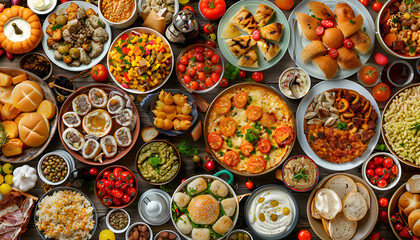 Fototapeta premium Collage. Assortment of dishes from different countries of the world. Food and snacks