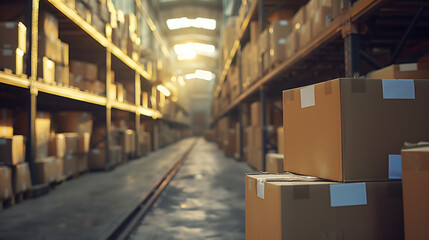 Obraz premium Cajas de cartón en una cinta transportadora de almacén