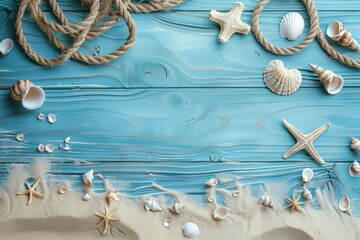 On top of a blue wooden background is a beach scene concept featuring sea shells and starfish