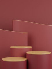 Red cylinder podium stage pedestal on red background, 3d background for product presentation