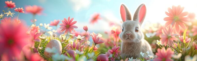 Joyful Easter Greeting Card: Bunny, Eggs, and Flowers on Meadow Background