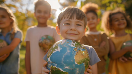 Smiling Children Holding Globes in Outdoor Setting