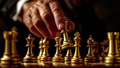 Strategic Moves: Businessman Playing a Game of Chess with Golden Pieces