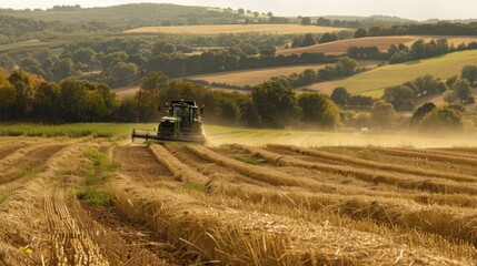 Naklejka premium A green tractor cuts through a field of golden wheat, leaving a trail of dust in its wake. The rolling hills of the English countryside stretch out behind it.