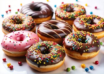 Assorted chocolate glazed donuts with colorful sprinkles on a white background, chocolate, glazed, donuts, sprinkles, assorted, sweet, dessert, bakery, treat, indulgence, snack, delicious