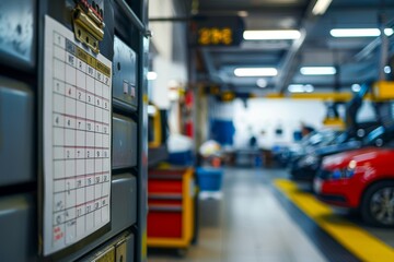 Professional Car Service Reminder Calendar in a Busy Garage Setting