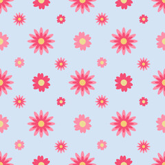 seamless pattern with pink flowers on pastel blue