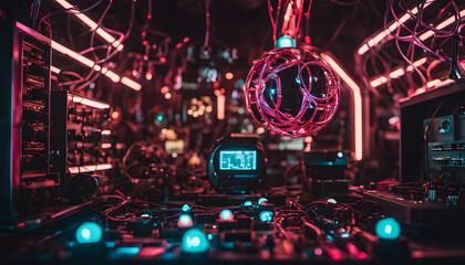 Fototapeta premium Vintage electronics in neon cyberpunk room