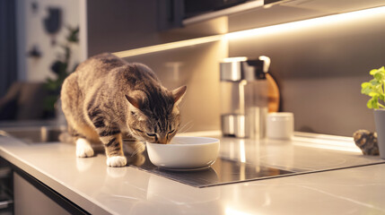 Cat eating from bowl on kitchen counter under warm lighting. Scene captures cozy domestic life and pet behavior