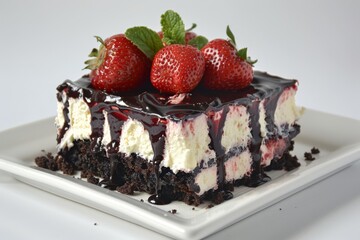 Classic berry cheesecake with a chocolate crust, topped with fresh strawberries and raspberries, presented on a white plate for a delicious dessert