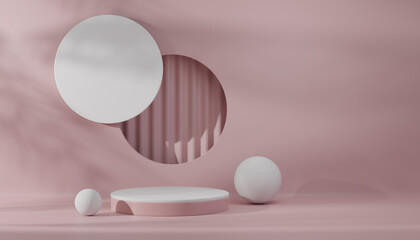 Pink and white cylinder pedestal or podium on  beige color background decorated with white circle plate and white sphere, 3d rendering illustration background for product presentation.