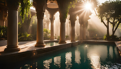 Luxurious spa interior with marble columns and lanterns